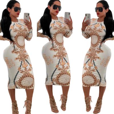 China Multicolor Printed Spandex/Polyester Women Dress Women Sheath Long Round Neck Plus Size Dress For Women Club Dress for sale