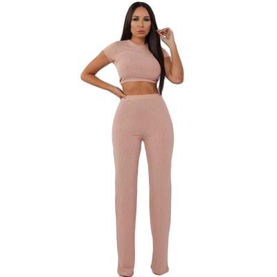 China QUICK DRY Two Piece Set Women Clothing Ribbed O Neck Crop Top And Long Pants Woman Summer Sets Short Sleeve Tracksuit for sale