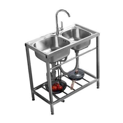 China Without Faucet 304 Stainless Steel Double Bowl Commercial Portable Sink With Drainer For Kitchen for sale