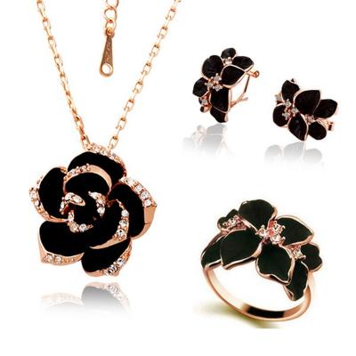 China CLASSIC Bridal Rose Flower Enamel Jewelry Set Rose Gold Color Black Painting Fashion Jewelry Sets For Women Wedding for sale