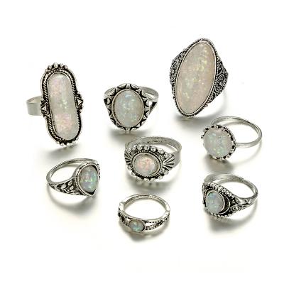 China Vintage CLASSIC Antique Silver Color Rings Sets Opal Crystal Stone Carve Colored For Women Men Bohemian Jewelry for sale