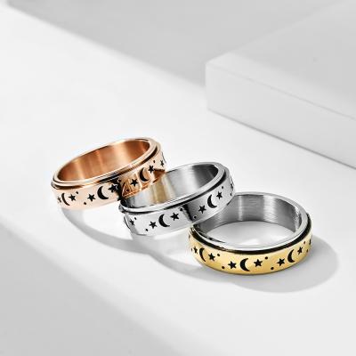 China Hot Sale Fashionable Moon Star Stabilization Annealing Worry Titanium Stainless Steel Spinner Stir Finger Rings For Women Men for sale