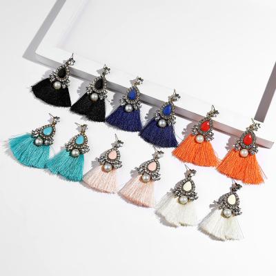 China Hot Sale Wholesale New Design BOHEMIA Mixed Material Diamond Hoop Big Drop Boho Costume Tassel Rhinestone Earring Set For Women for sale