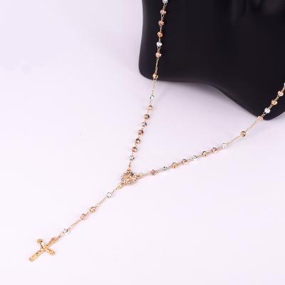 China 2021 Beaded Gold Jewelry Rosary Necklace Wholesale Three Color Zircon Religious Jewelry Rosary Necklace for sale