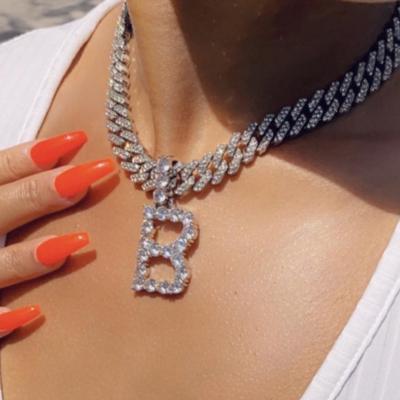 China Hiphop Iced Out Cuban Link Letter-Chain Pendant With Diamond Tennis Chain Women's Chocker Letter Necklace Jewelry 