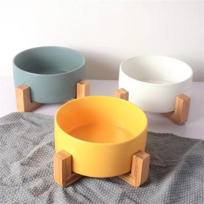 China Sustainable Pet Ceramic Bowl, Nordic Style Wood Frame Cat Food Bowl Dog Rice Bowl for sale