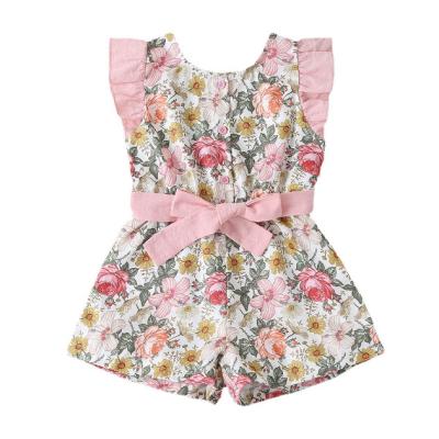 China Loungewear New Arrival Floral Print Bowknot Breeches Sleeveless Short Kids One Piece Overalls for sale