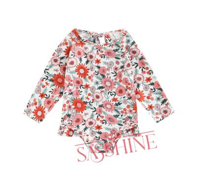 China Breathable Cute Flower Printing Heart Print Heart Baby Swimwear Baby Swimsuit Summer Infant Babies Long Sleeve Ruffle Swimwear Kids Beach Wear for sale