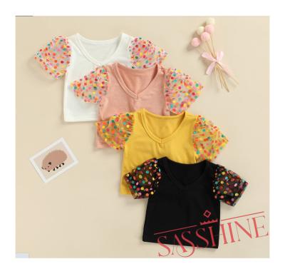 China Kids T-shirt Babies Dots Print V-Neck Compressed Short Puff Sleeve Tops Toddler Sweater For Summer for sale