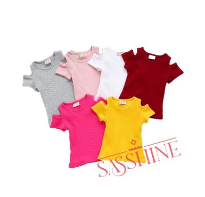 China Breathable Off The Shoulder Girls Shirt Girls T-shirt Summer Solid Elastic Casual Baby Toddler Full Sleeves Infant Kids Short T-Shirt for sale