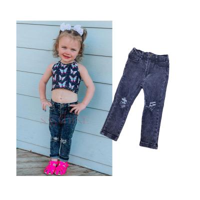 China Boutique Fashion Breathable Kids Black Washed Pencil Pants Stretch Trousers Ripped Jeans for sale