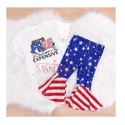 China 4th of July Holiday Outfitis Little Girl Viable Patriotic Stripe Star Stripe Bell-Bottom RTS Kids Tassel Letter Print Shirt Matching Sets for sale