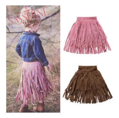 China 2022 Autumn Breathable Vintage Style Toddler Baby Western Skirt With Tassel Outfits Girls Suede Fringe Midi Skirt For Kids for sale