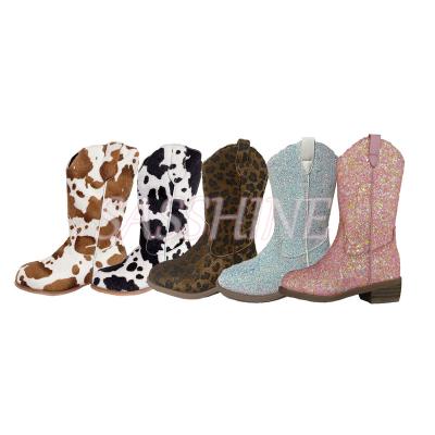 China Other RTS Customizable Cute Leopard Cow Print Kid Girl Heel Shoes Glitter Toddler Cowgirl Boots for sale