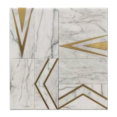 China Parquet Samistone Bianco Carrara Stone Mixed Brass Watejet Marble Mosaic Slab for sale