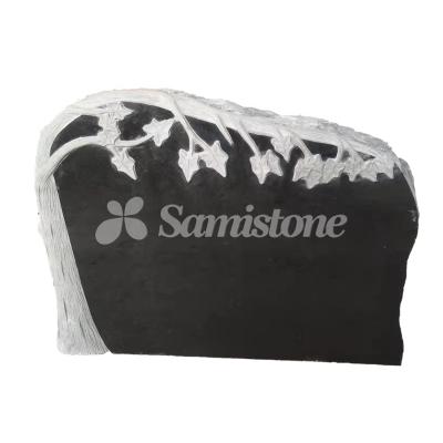 China Modern Tree Wood Carving Headstone Straight Black Granite American Style Headstone And Monument for sale