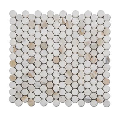 China Hot Sale Calacatta White Marble Parquet Samistone Gold Penny Round Mosaic Tile for sale