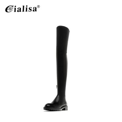 China Anti-Smell Women's Low Heel Over The Knee Leather Round Top Boots for sale