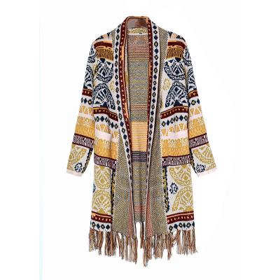 China Anti-wrinkle retro national style fringe cardigan sweater with tassel knit loose bohemian cardigan new style kimono long sleeve coat for sale