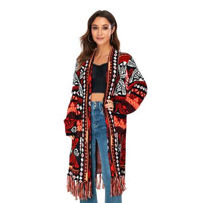 China Anti-wrinkle fringe cashmere cardigan front open sweater with tassel knit new style kimono loose bohemian cardigan long sleeve coat for sale