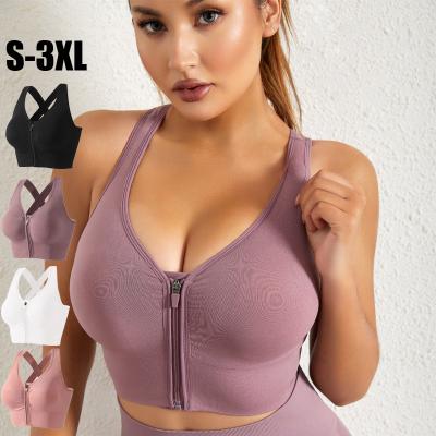 China 2022 Plus Size Women's Push Up Running Strappy Breathable Front Sports Bra Wireless Cross Back Zipper Yoga Underwear Gym Quick Dry Bra for sale