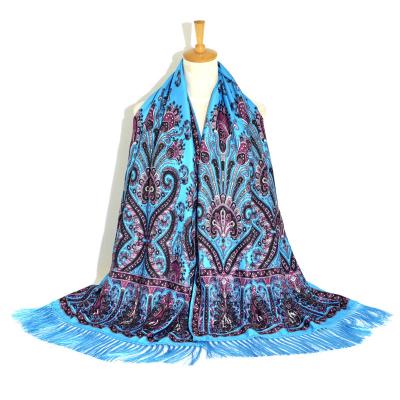 China 2022 Style Comfortable Ethnic Luxury Polyester Russia Style Acrylic Square Scarf Floral Print Long Tassel Shawls Women Scarves for sale