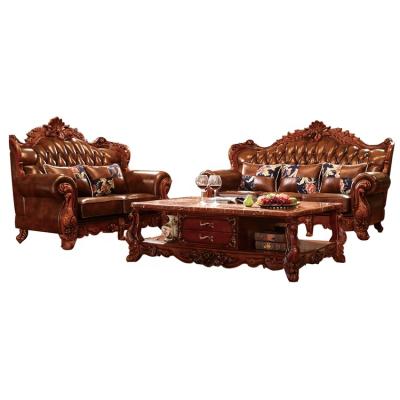 China Vintage Color Teak Color Leather Elegant Durable Comfortable European Style Classic Solid Wood Sofa for sale