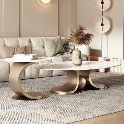 China Italian Light Luxury Marble Countertops Extendable Curved Design Stainless Steel Oval Simple Living Room Coffee Table for sale