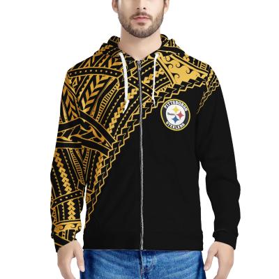 China Wholesale Custom Team Men's Tribal Black Anti-Wrinkle Zip Up Hoodie Nfle Pittsburgh Anti-wrinkle Football Custom Polynesian With Gold Print Men's Jacket for sale