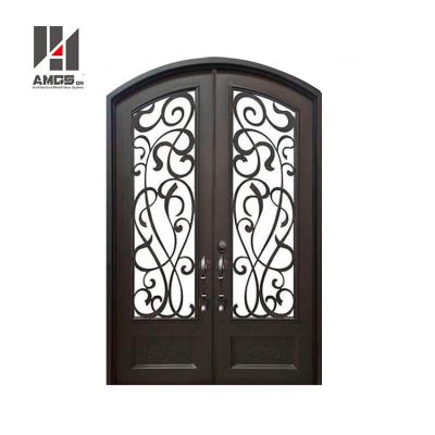 China Modern Swing Design Exterior House Doors , Garden Security Frosted Tempered Glass Decorative Wrought Iron Door for sale