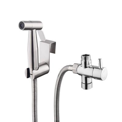 China Single spout + self cleaning toilet bidet shattaf set with T-valve for woman 304 stainless steel brushed nickel handheld sprayer for sale