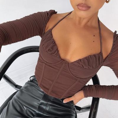 China Breathable Brown Halter Long Sleeve Mesh Knit Scratch Ring Steel Boned Women's Pad Chest Blouses for sale