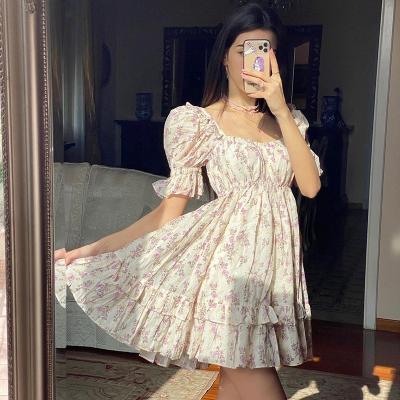 China Breathable Ruffle Puffsleeves Short Dress 2021 Summer Square Collar Floral Print Cupcake Casual Mini Dress for sale