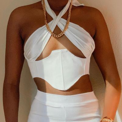 China Breathable New Arrival Solid Color Sleeveless Women Tops Hollow Out Halter Crop Tops for sale