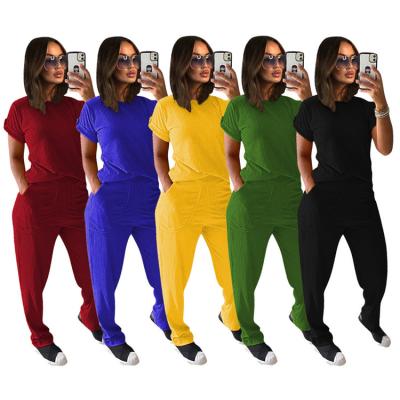 China Breathable Solid Color 2 Piece Sets Knitted Casual Short Sleeve Pants Two Piece Suit Plus Size 2 Piece Set for sale