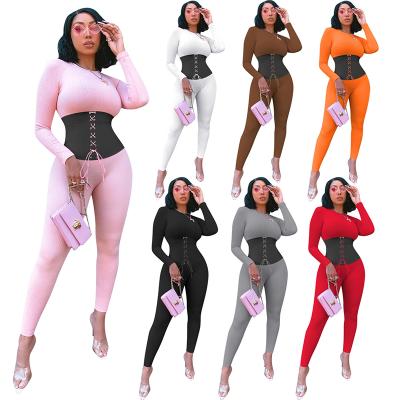 China Solid Color Breathable Wholesale O-Neck Women Overalls Corset Long Sleeve Plus Size Bodycon Casual Overalls And Corset for sale