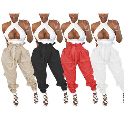 China Solid Color QUICK-DRY Casual Fabric Ruffled High Waist Cargo Pants Ladies Trousers Streetwear Trousers for sale