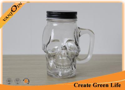 China 420ml Skull Eco Mason Glass Jars With Handles And Lids , Mason Jar Drinking Glasses for sale