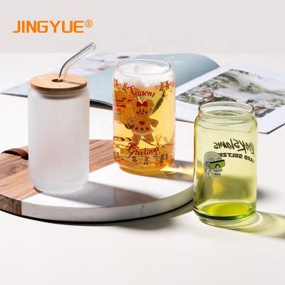 China New Custom Printed Beer Can Shaped Glass Mug JINGYUE USA Classic/Postmodern Warehouse 13oz 16oz 20oz With Lid And Straw For Ice Tea Soda Juice for sale