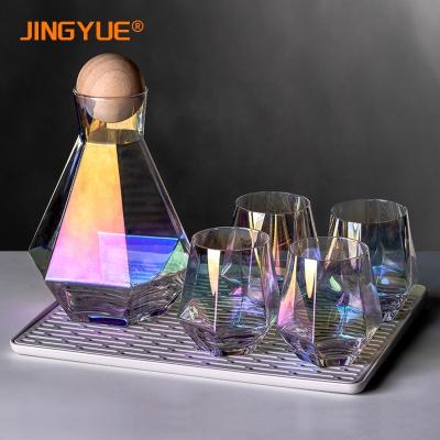 China Viable Nordic Style Diamond Shape Water Glass Pitcher Creative Iridescent Geometric Hexagonal Set With Wooden Lid for sale