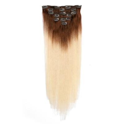 China 100% Silky Straight Wave Hair Clip On Remy Real Brazilian Double Weft Clip In Hair Extensions T6/613 Ombre Color 7Pcs 120g for sale