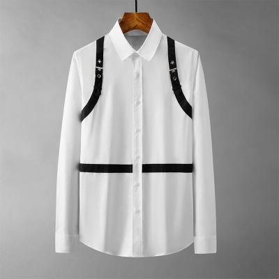 China New Design Fashion Cotton Men's Long Sleeve Shirt Anti-pilling Shirt White Strap Design for sale