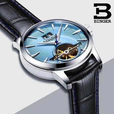 China Genuine Brand Luxury Men's Automatic Date BINGER 10009 Automatic Mechanical Business Watch Waterproof Leather Strap Hollow Calendar Watch for sale