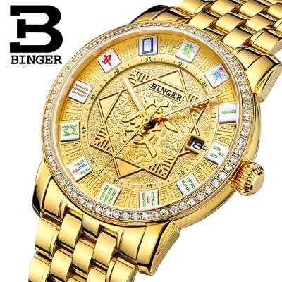 China BINGER 5055 Gold Alarm Men's Luxury Rhinestone Crystal Watches Cool Mahjong Logo Watch Automatic Steel Wrist Watch for sale