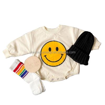 China Anti-pilling Western Girls Fashion French Terry Jumpsuit Smiley Face Pattern Baggy Romper Autumn Spring Long Sleeve Infant Toddler Baby for sale