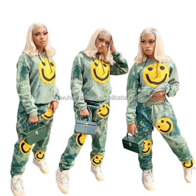 China Winter Breathable Fashion Women Autumn Sweatshirt Clothing Set Hooded Tie Die Copy Smiley Face Adult Girls Thickened Team for sale