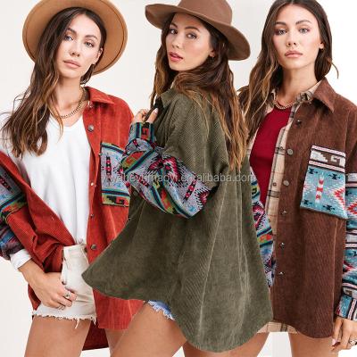 China Vintage Breathable Aztec Western Pattern Jacket New Arrivals Plaid Women Corduroy Pocket Blouse Adult Coat for sale