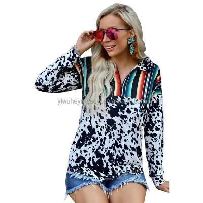 China Best Selling Striped Anti-wrinkle Cow Print Women Loose Long Sleeve Pullover Top Zipper Up Adult Ins Boutique Sweatshirt for sale