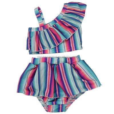 China New Breathable Girls Swimwear 2 Piece Ruffle Top+Swimming Skirt Stripe Printed Kids Beach Swimwear Water Sports Uses for sale