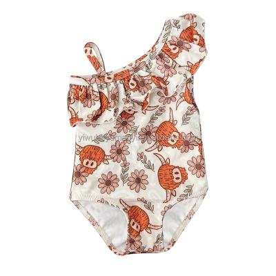 China Boutique Breathable Kids Sleeveless Girl Swimwear Ruffle Swimsuit Floral Cattle Pattern Baby Swimwear for sale